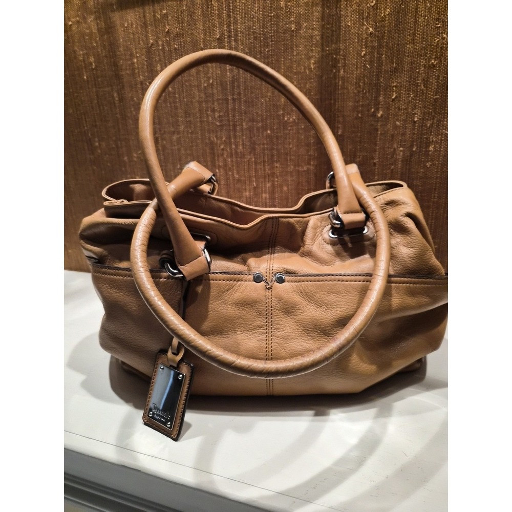Tignanello Tan Pebbled Leather Satchel Shoulder Handbag with Silver Hardware